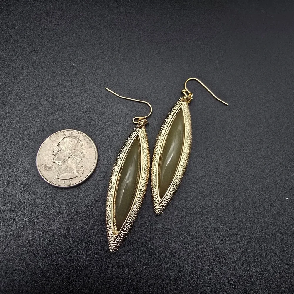 Green Elongated Marquise Earrings Gold Tone